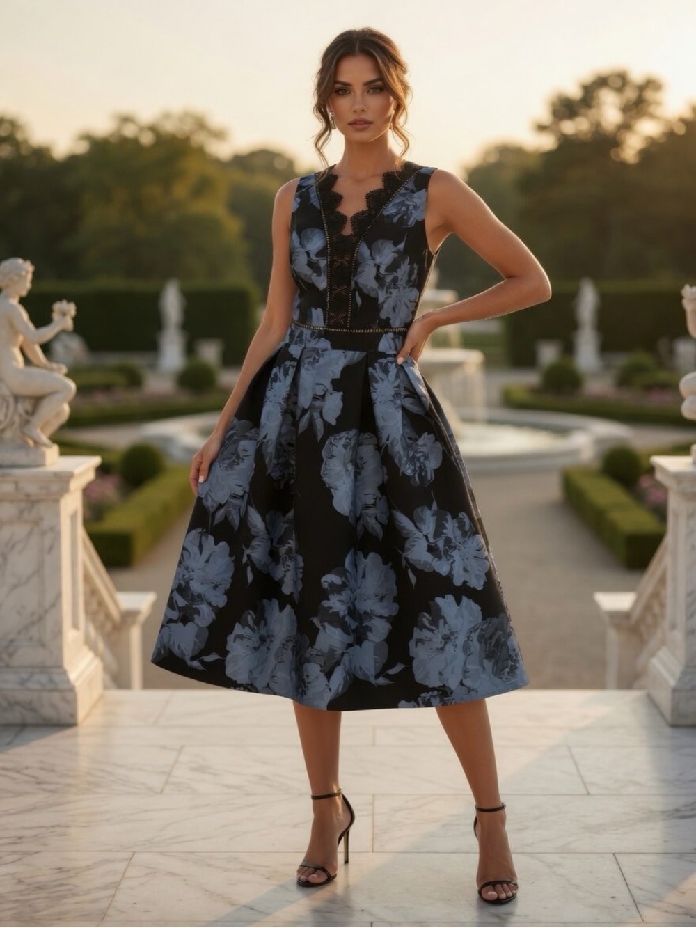 Ivanka Trump Midi Dress with Blue Floral Print